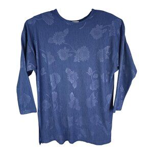 Womens Vintage Superline Blue Floral Textured Top 3/4 Sleeve Round Neck Size L